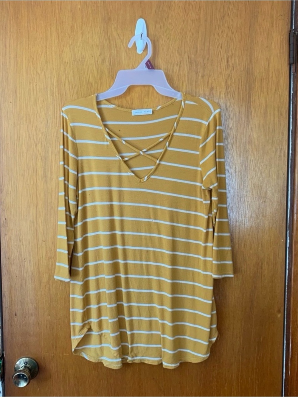 Renee C. Mustard and White Striped Crisscross V-Neck Long Sleeve Top